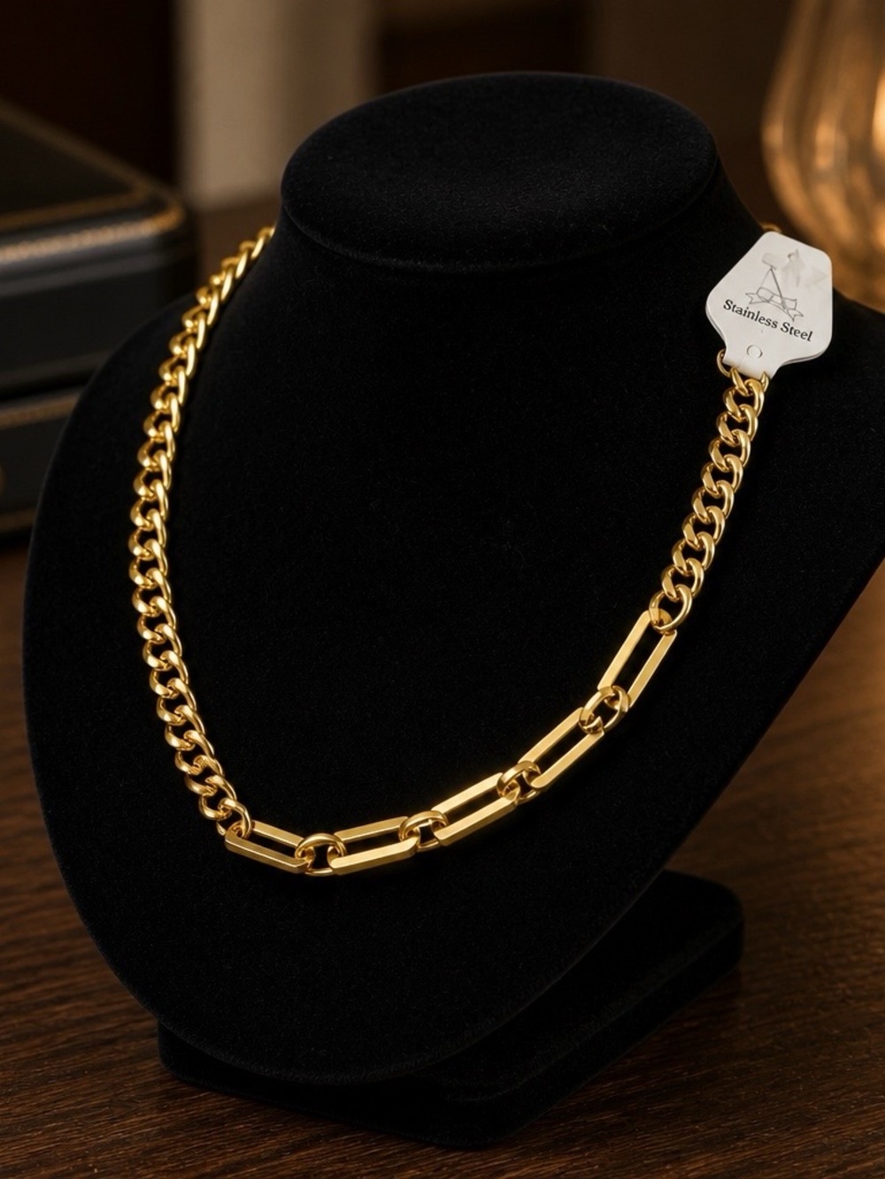 Gold Stainless Steel Mixed Link Necklace - Women's Jewelry